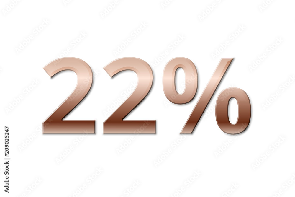 22 % - twenty-two copper-coloured percent on white background 22 % - twenty-two copper-coloured percent on white background
