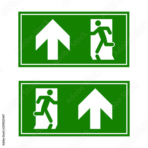 Emergency exit sign. Man running out fire exit