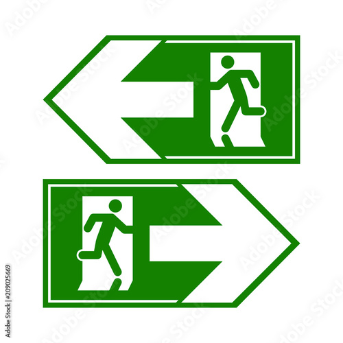 Emergency exit sign. Man running out fire exit