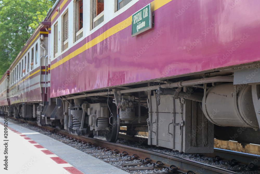 Thailand Train, Kanchanaburi Railway Station, Thailand : Thailand classic Train during stop at railway station Thailand Train, Kanchanaburi Railway Station, Thailand : Thailand classic Train during stop at railway station