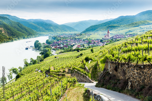 Fényképezés Scenic View into the Wachau with the river Danube and town Weissenkirchen in Lower Austria