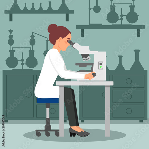 Woman scientist doing biology research using microscope. Female biologist at workplace. Lab equipment on background. Flat vector design