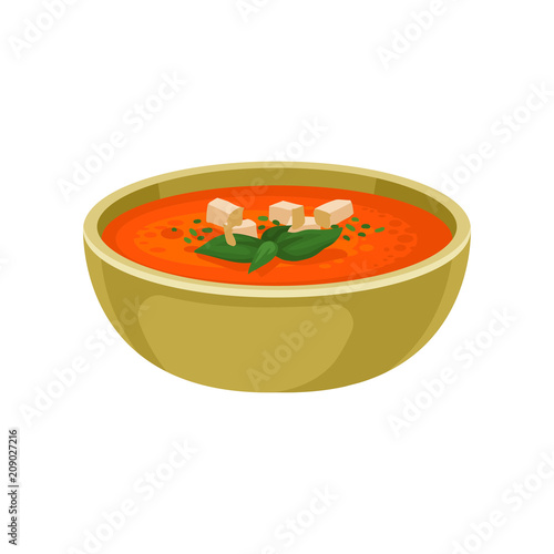 Refreshing gazpacho soup in ceramic bowl. Delicious dish of Spanish cuisine. Flat vector element for menu