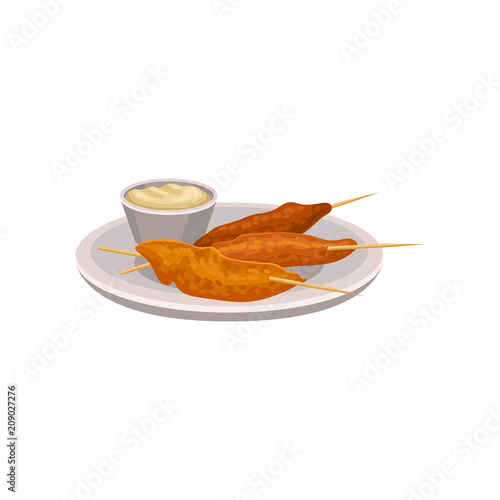 Grilled chicken on wooden sticks and spicy dipping sauce. Traditional Spanish food. Flat vector for cafe or restaurant menu