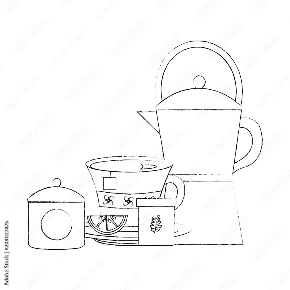 Obraz premium coffee maker tea cup with slice lemon herbal sugar vector illustration sketch