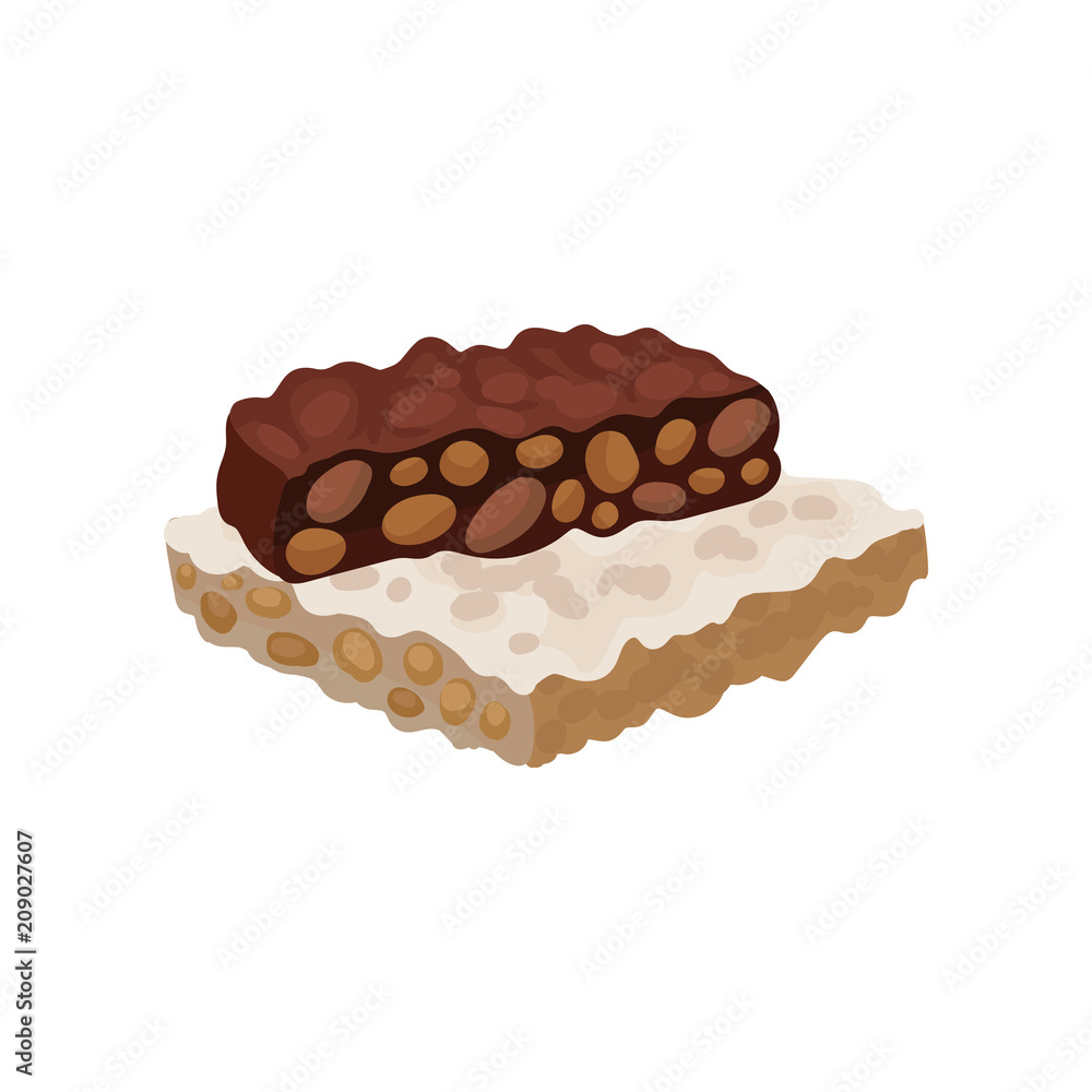 Flat vector icon of torrone or nougat. Traditional Spanish sweets. Delicious dessert made of almond nuts and honey Flat vector icon of torrone or nougat. Traditional Spanish sweets. Delicious dessert made of almond nuts and honey
