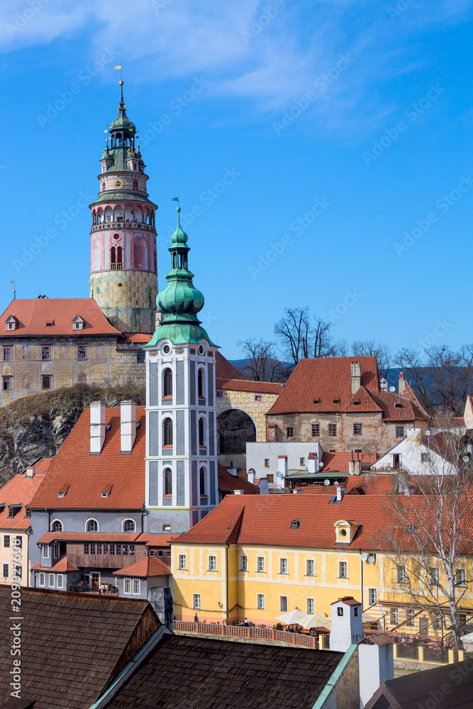 Old Town of Cesky Krumlov in South Bohemia, Czech Republic with blue sky. UNESCO World heritage Site and famous place for tourism Old Town of Cesky Krumlov in South Bohemia, Czech Republic with blue sky. UNESCO World heritage Site and famous place for tourism
