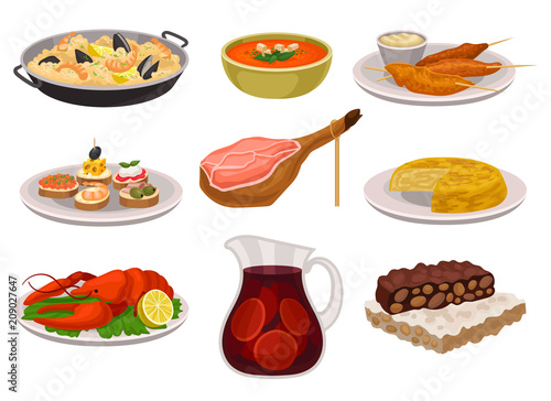 Flat vector set of traditional Spanish food and drink. Paella, refreshing gazpacho soup, grilled chicken with sauce, sangria in glass jar