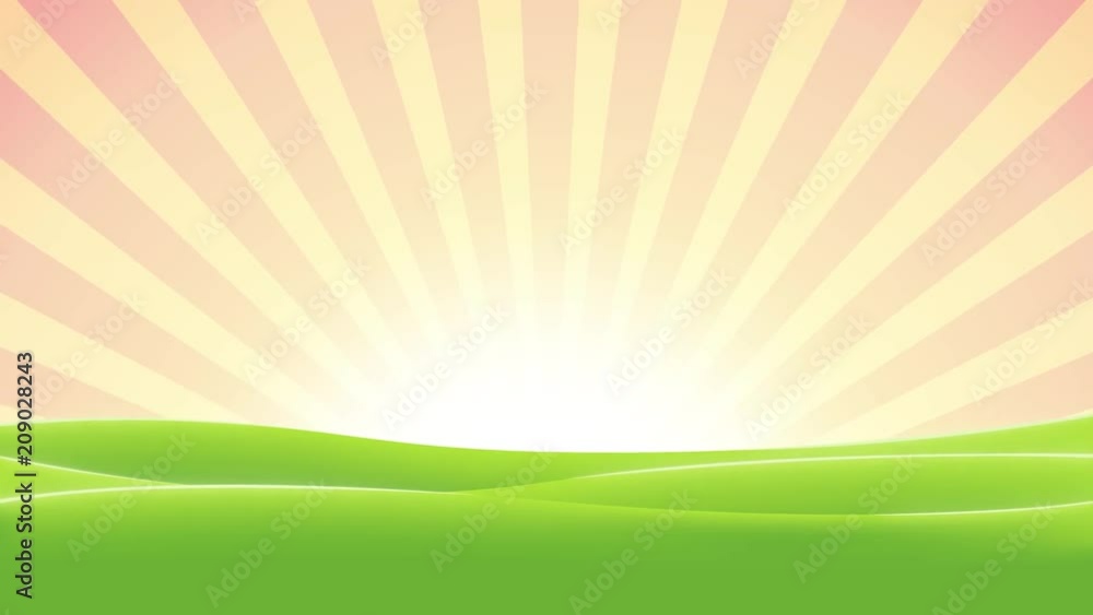 Spring Cartoon Landscape Animation/
Animation of a cartoon morning landscape in spring or summer season with fields, shiny sky at sunrise, and sunbeams rotating Spring Cartoon Landscape Animation/
Animation of a cartoon morning landscape in spring or summer season with fields, shiny sky at sunrise, and sunbeams rotating