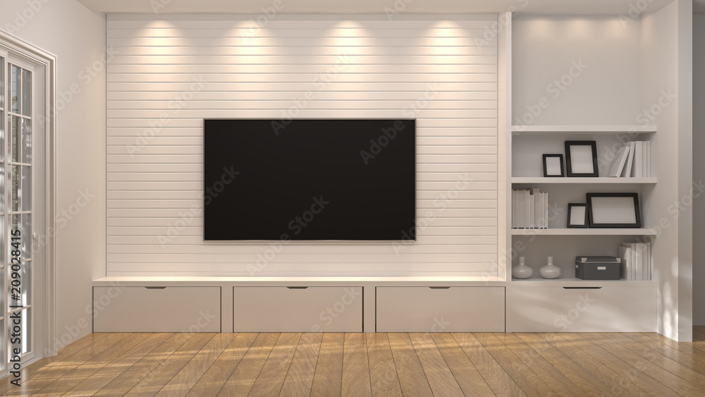Tv with white cabinet in the room 3d illustration furniture,modern home  designs,background shelves and books on the desk in front of clean wall in  the room Stock Illustration | Adobe Stock