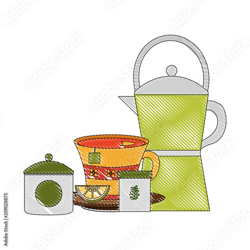 coffee maker tea cup with slice lemon herbal sugar vector illustration drawing