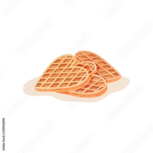 Three homemade heart-shaped waffles. Freshly baked snack for breakfast. Flat vector element for cafe menu or pastry shop poster