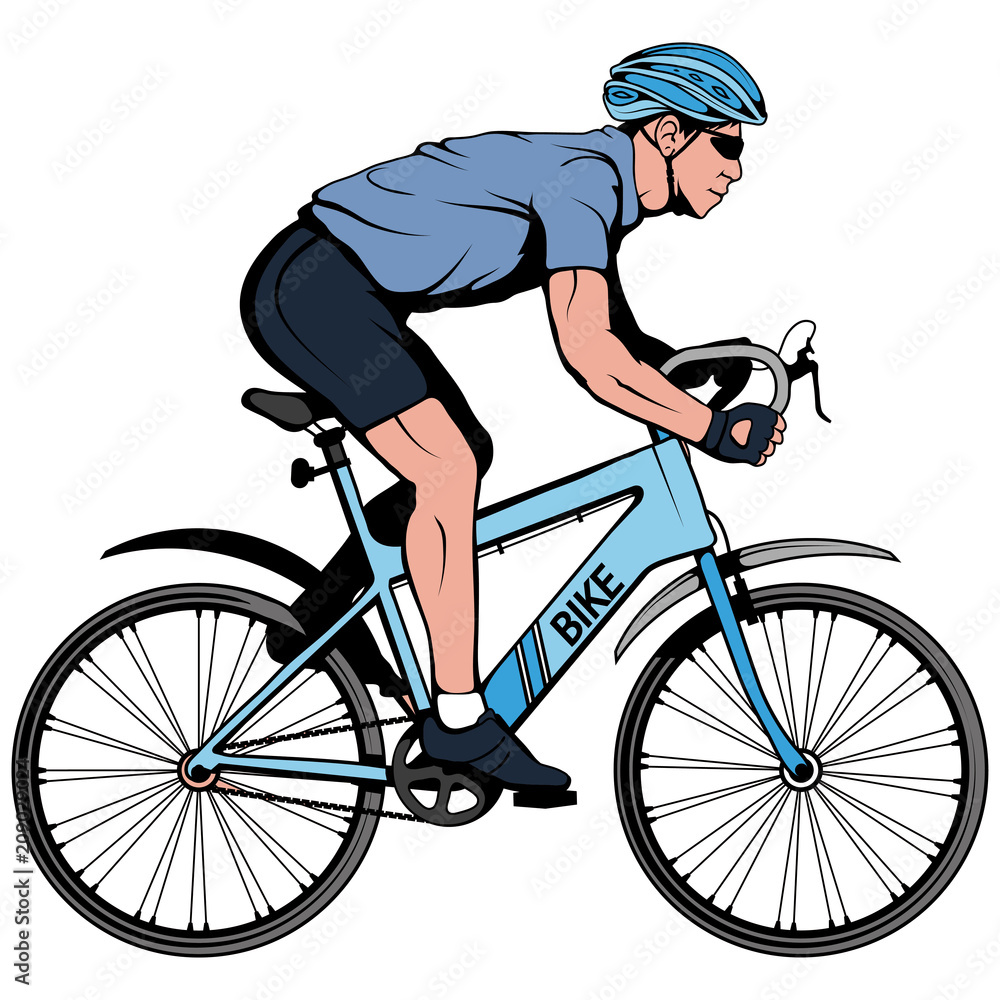 Naklejka premium Cyclist on a bicycle. Sports bike. Bicycle helmet. Man riding a bike. Vector graphics to design.
