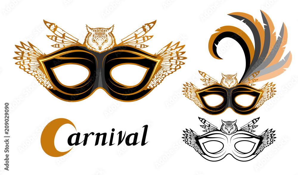 Set of various carnival masks with the image of animals owl. Carnival concept illustration. Black mask with a golden pattern and feathers. Vector graphics to design. Set of various carnival masks with the image of animals owl. Carnival concept illustration. Black mask with a golden pattern and feathers. Vector graphics to design.
