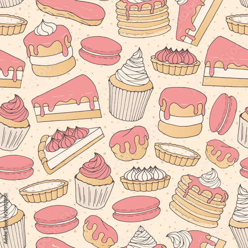 Vector chocolate pastry seamless pattern with cakes, pies, muffins, pancakes, macarons and eclairs on the dotted background. Hand drawn strawberry sweet bakery products in sketchy style.