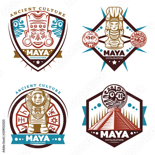 Vintage Colored Maya Civilization Emblems Set