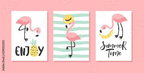 Vector set of bright summer cards with flamingo and hand written text.