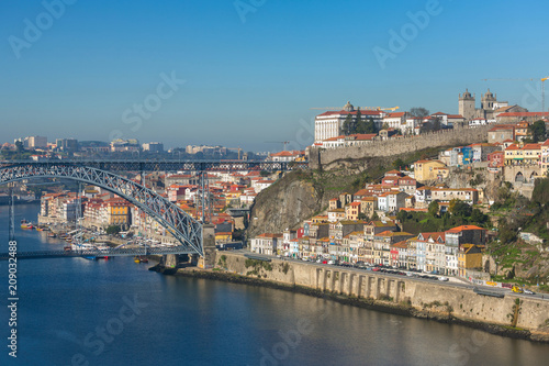 View of the historic city center with the famous ponte Dom Luiz bridge in Porto, Portugal