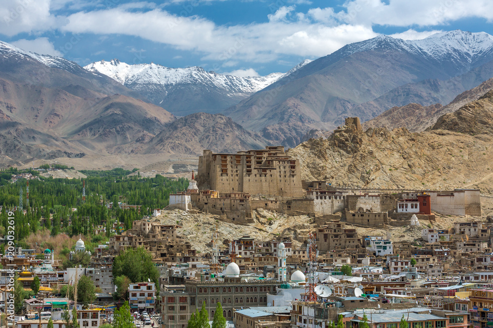 Beautiful view of Leh city and green Indus valley with the Leh palace in the middle, Jammu and Kashmir, India.