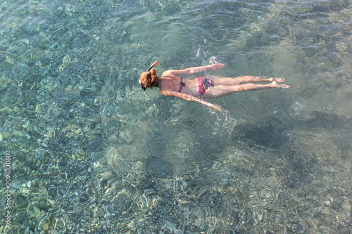 Girl swims in clear water