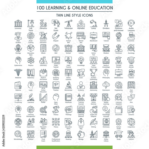 Learning and online education icons set. Modern icons on theme knowledge, scince, teaching, school and university. Thin line design icons collection. Vector illustration