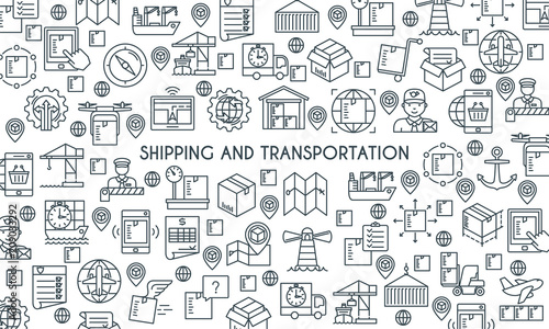 Shipping and transportation banner. Modern icons on theme delivery, packaging, logistics and navigation. Thin line design icons collection. Vector illustration