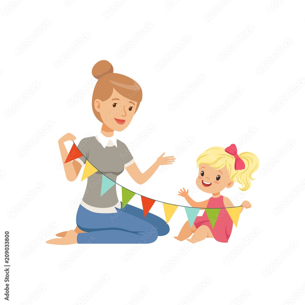 Elementary teacher and little girl sitting on the floor and holding party flags, preschool education concept vector Illustration Elementary teacher and little girl sitting on the floor and holding party flags, preschool education concept vector Illustration