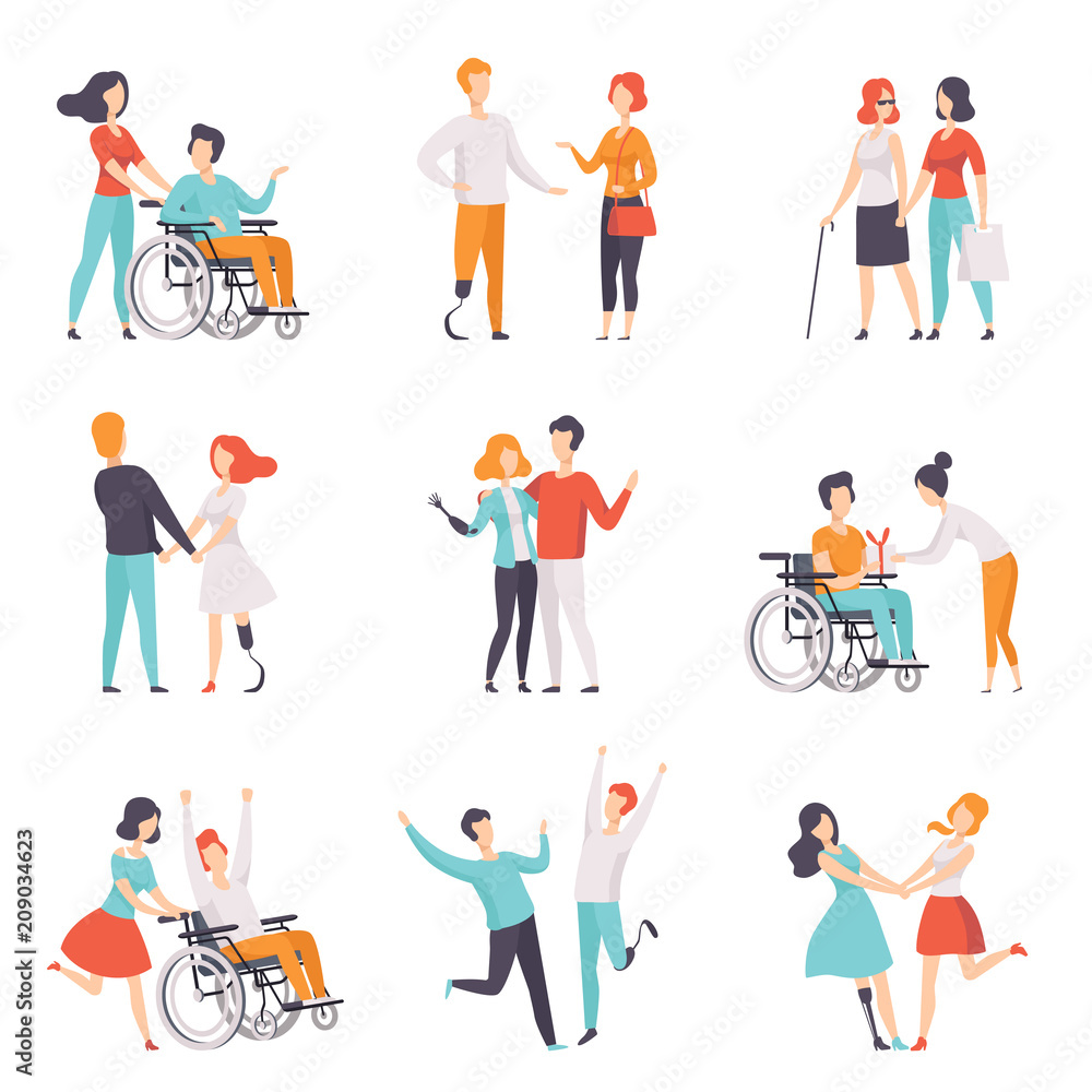 Disabled people having a good time with their friends set, handicapped person enjoying full life vector Illustrations on a white background