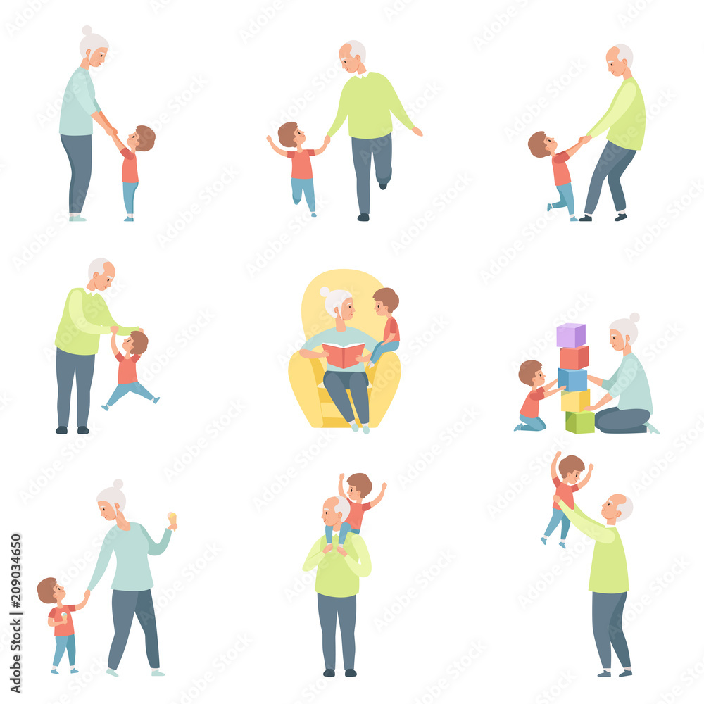 Grandpa and grandma playing, walking and having fun with their grandson set vector Illustrations on a white background