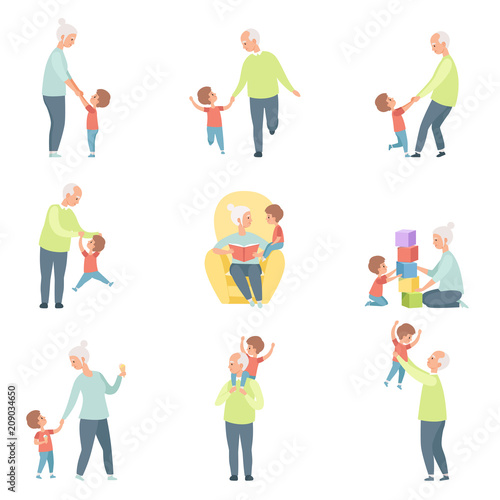 Grandpa and grandma playing, walking and having fun with their grandson set vector Illustrations on a white background