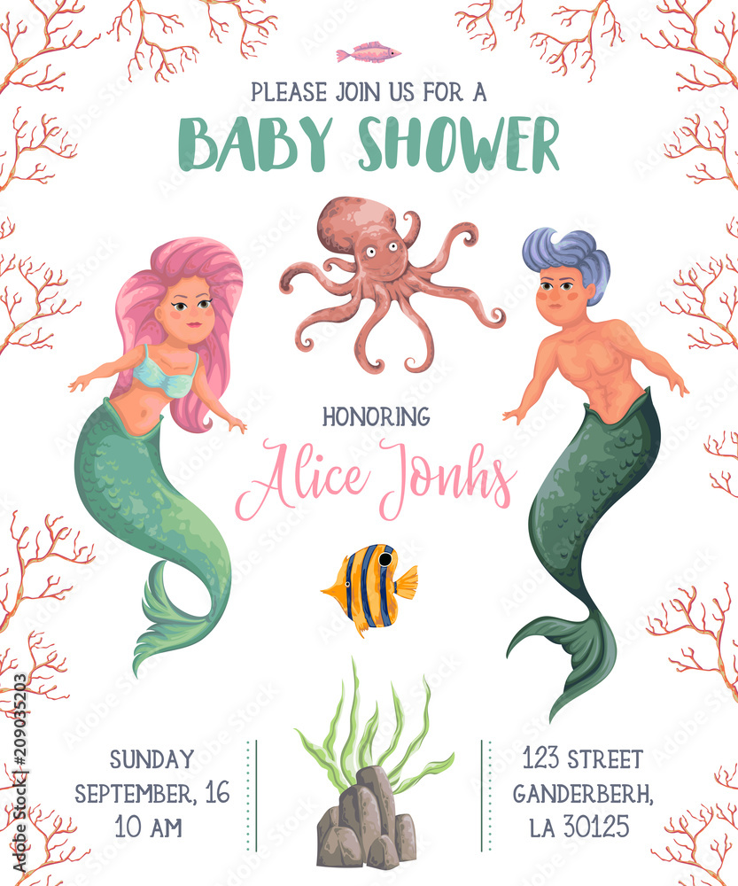 Baby shower invitation with mermaid, merman, marine plants and animals ...