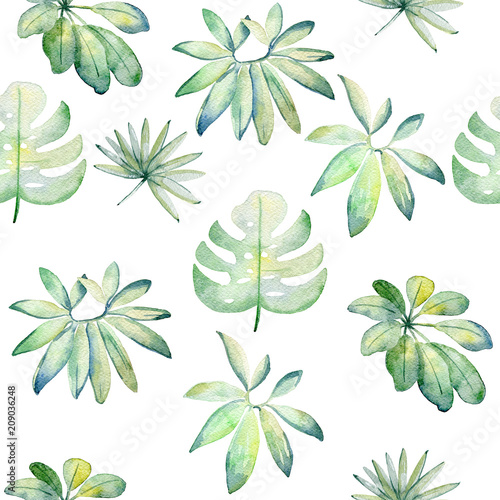 Tropical seamless watercolor pattern with green leaves.