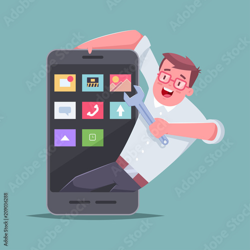 Mobile application developer. Vector cartoon concept illustration of a man with a wrench and a smartphone.