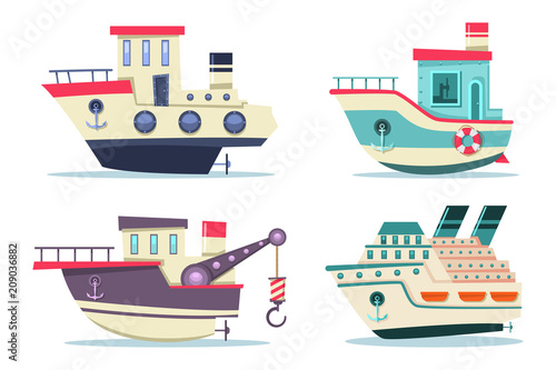 Fishing and cruise boats set. Vector cartoon flat ships side view isolated on white background.