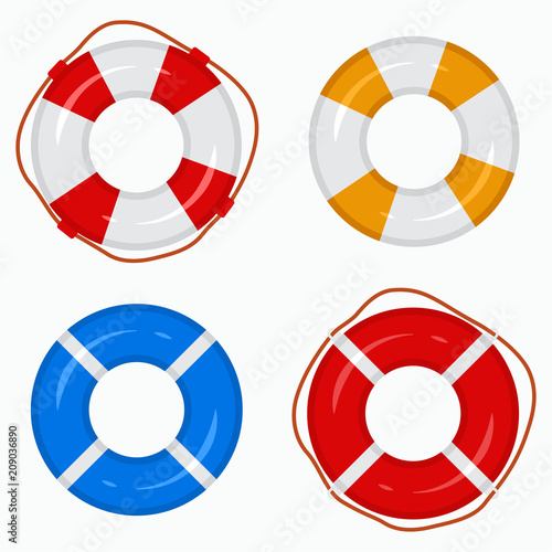Lifebuoy ring for swimming pools, the sea, oceans, rivers, lakes. Vector icon set top view isolated on a white background.