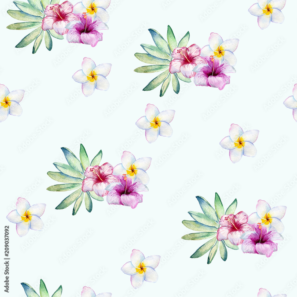 Tropical seamless watercolor pattern with green leaves and flowers.
