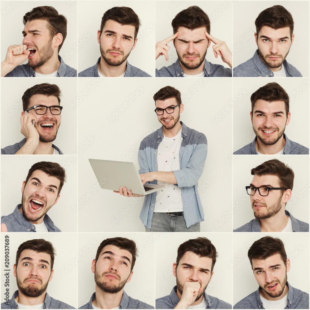 Set of young man different emotions at white studio background Set of young man different emotions at white studio background