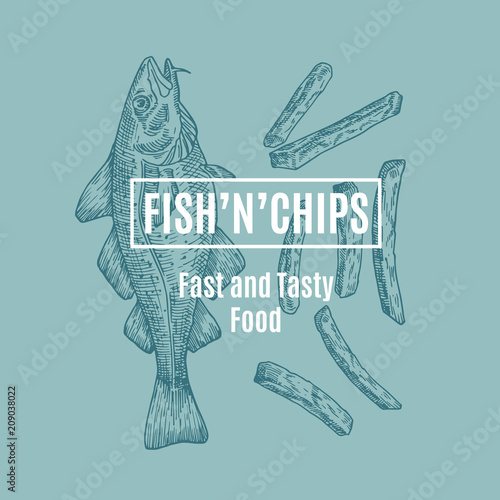 Fish and Chips Abstract Vector Card, Sign or Logo Template. Hand Drawn Cod Fish and Potato Fries with Modern Typography in a Frame. Premium Quality Vector Emblem.