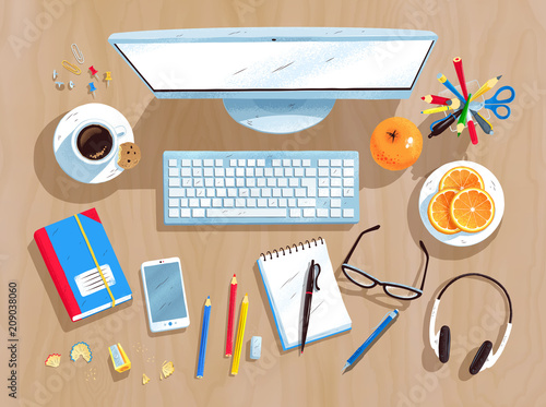 Top view illustration set of office workplace