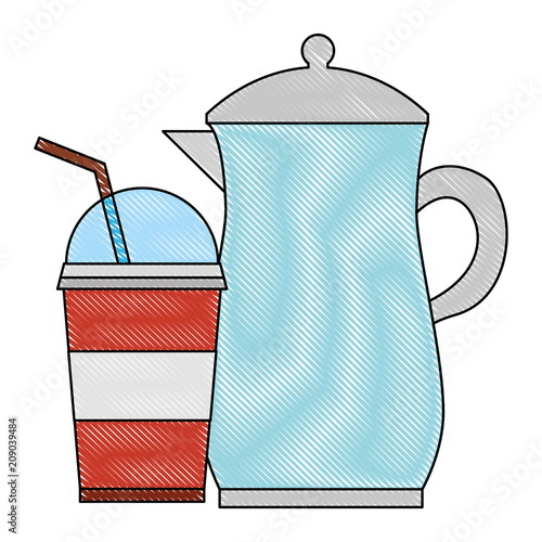 teapot ceramic paper cup with straw design vector illustration drawing