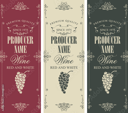 Vector set of three labels for red and white wine with bunches of grapes and calligraphic inscriptions in retro style in frame with curls