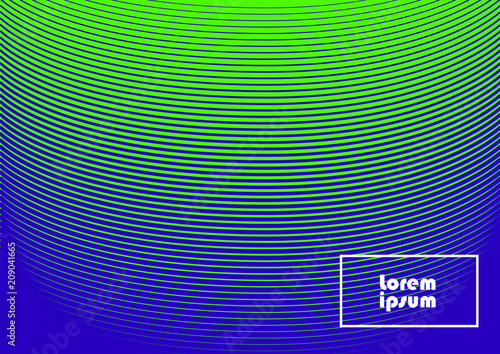 Horizontal abstract background with striped halftone pattern in neon colors. Texture of gradient semicircle line ornament. Design template of flyer, banner, cover, poster in A4 size. Vector 