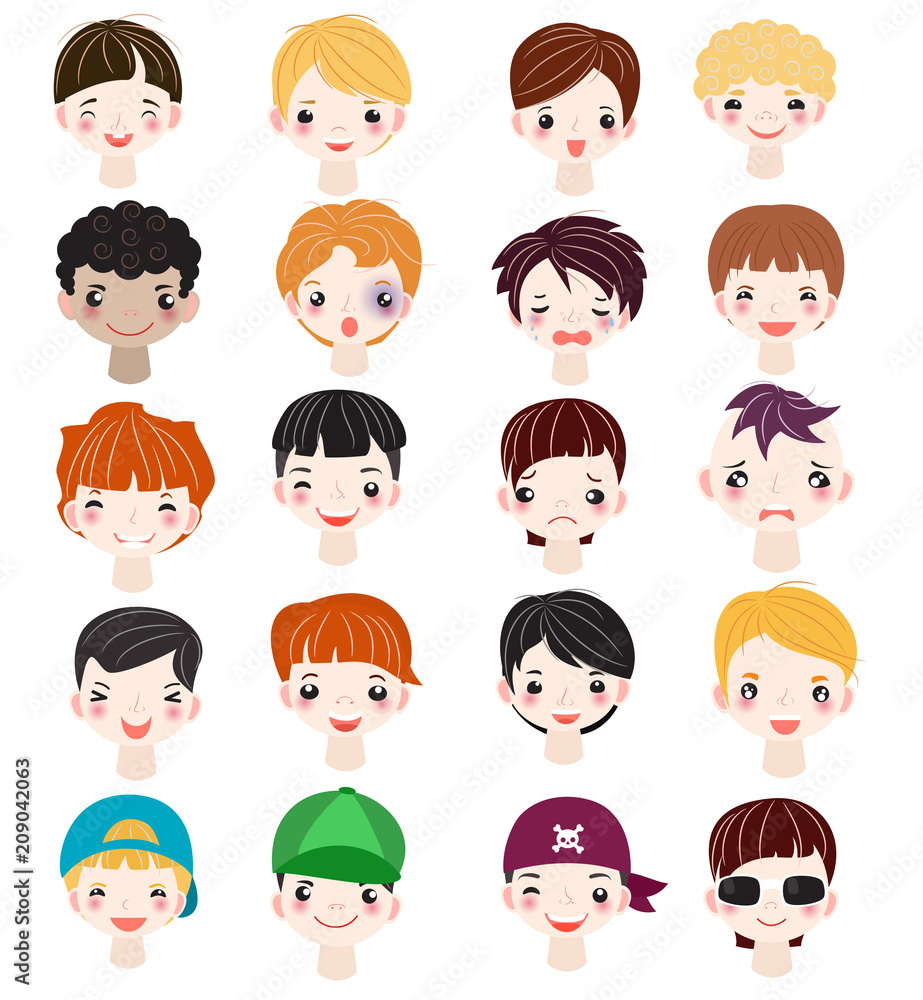 Boy portrait vector kids character face of guy with male hairstyle and cartoon manlike person with various skin tone illustration set of man-child facial features isolated on white background Boy portrait vector kids character face of guy with male hairstyle and cartoon manlike person with various skin tone illustration set of man-child facial features isolated on white background