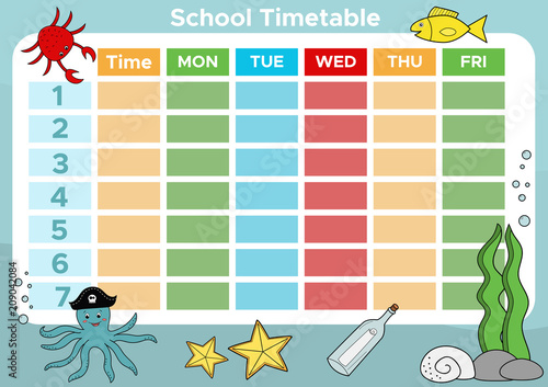 School timetable for kids. Underwater theme. Cute cartoon characters: crab, fish, octopus, starfish. Vector illustration