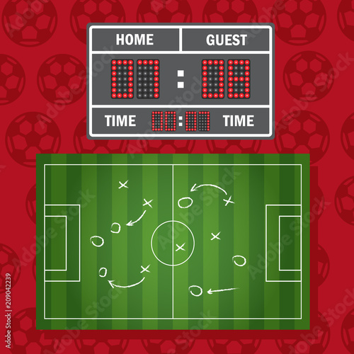 Floodlighting soccer field scoreboard. Football or soccer game strategy plan