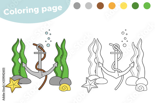 Coloring page for kids. Underwater theme. Doodle anchor  seaweeds  starfish and shell. Vector illustration
