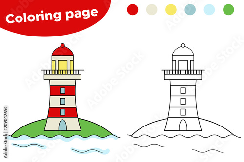 Educational game for children. Cartoon lighthouse coloring page. Vector illustration