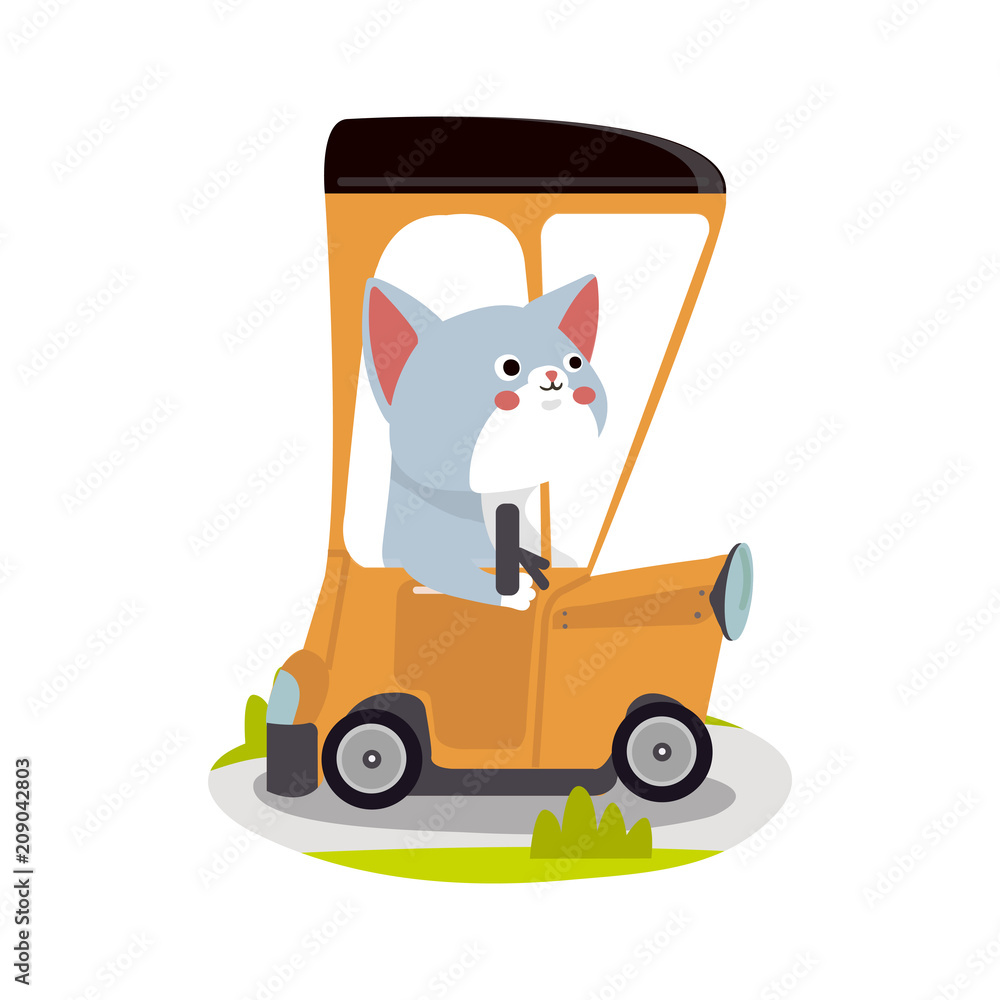 Cute Animal Vector illustration.Cute cat is driving a orange car ...