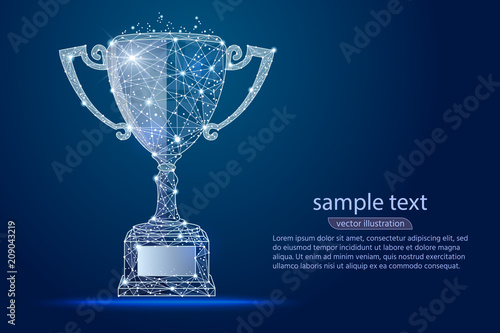 abstract design winner cup, logo isolated from low poly wireframe. Vector abstract polygonal image mash line and point. Digital graphics