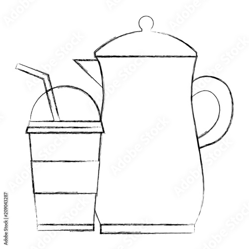 teapot ceramic paper cup with straw design vector illustration